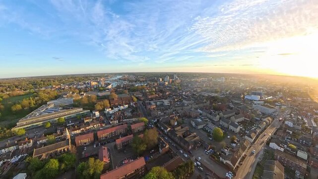Ipswich Skyline 4K Drone Video: Panoramic City Centre and Waterfront at Golden Hour