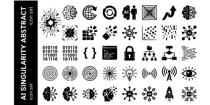 AI Singularity Abstract Black White-Data Burst Code Radiate Energy-Digital Explosion Vector-Singularity Icon Abstract-AI Design Set