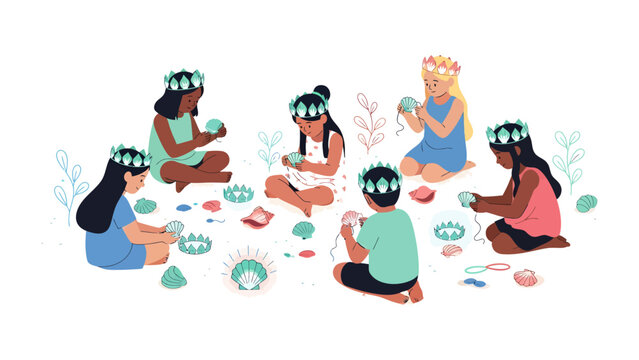 Children crafting at the seaside: A group of diverse children wearing floral headbands sit on the ground, engaged in crafting seashell necklaces and other seaside-themed decorations.