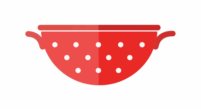 A red colander with white dots and handles, depicted in a flat illustration style