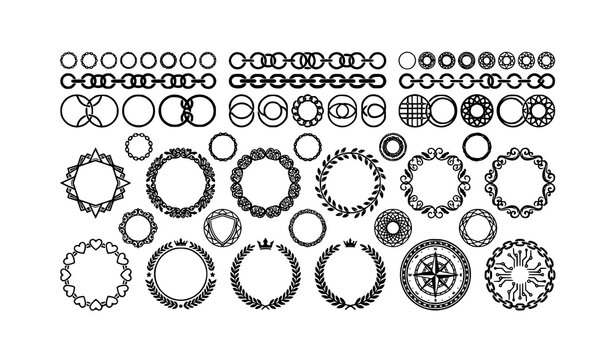 Monochrome circle chain frame pack with linked ornamental vector borders