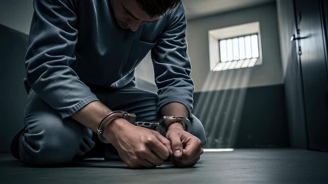 Prisoner in uniform kneeling on floor in dark jail cell. Handcuffed man with head down in penitentiary. Criminal awaiting trial in prison room, justice concept.