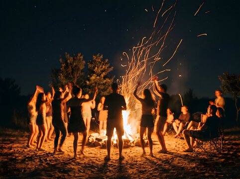 Siluetas borrosas de j&oacute;venes amigos bailando alrededor de una fogata en la playa con chispas volando de noche.