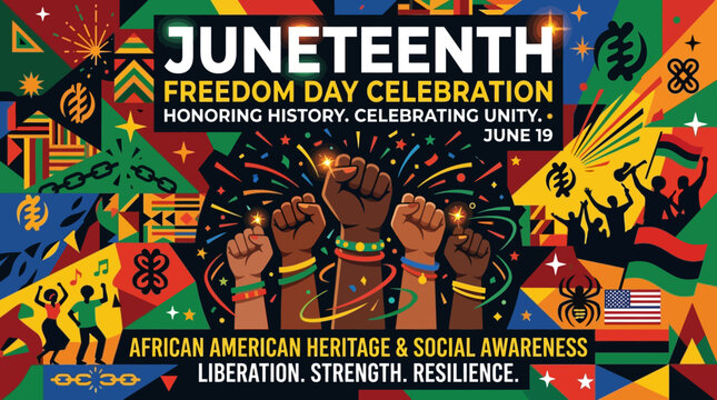 Vibrant juneteenth freedom day celebration poster with fists and colorful patterns