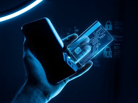 Tarjeta de cr&eacute;dito transparente brillante y futurista sostenida junto a un smartphone que simboliza la billetera digital segura. Tarjeta inteligente hologr&aacute;fica de alta tecnolog&iacute;a utilizada para pago