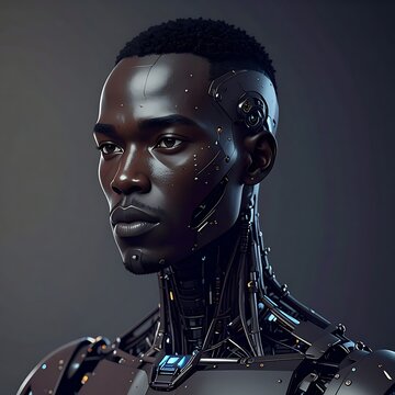 A close-up of a humanoid robot's face and upper body