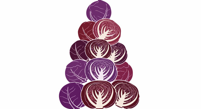 A pyramid of sliced and whole red cabbages in shades of purple