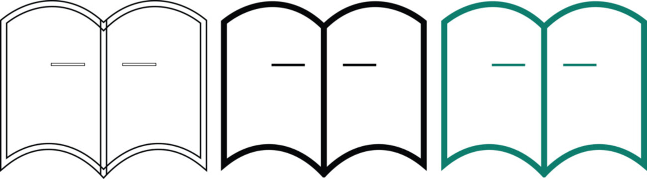 Graphic set of three double line open book icons with page markings for academic document.