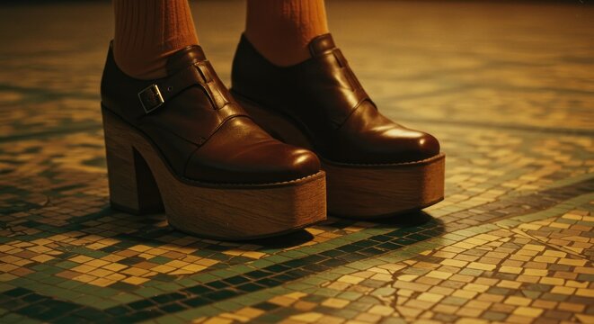 Sapatos plataforma em piso de mosaico em close-up, representando moda e cal&ccedil;ados.