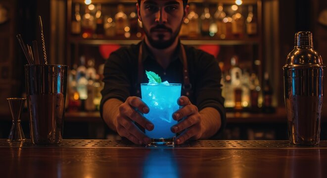 Barman apresentando um coquetel azul fluorescente em um bar com ilumina&ccedil;&atilde;o suave.