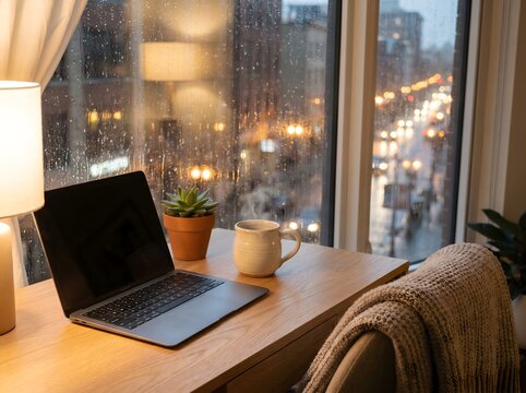 Primer plano de un mockup de port&aacute;til y caf&eacute; en un escritorio junto a una ventana lluviosa con luces de la ciudad desenfocadas