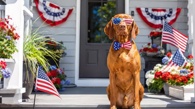 Cute brown dog wearing American flag sunglasses and bowtie sitting on porch decorated with patriotic bunting, symbolizing Independence day celebration, pet care, and happy holiday spirit