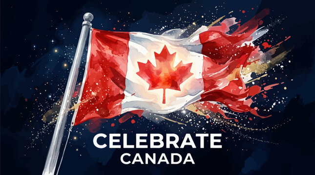 Watercolor canadian flag waving on a flagpole against a dark blue background with abstract paint splatters and a subtle world map outline