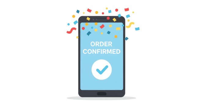 Smartphone com mensagem de confirma&ccedil;&atilde;o de pedido e ilustra&ccedil;&atilde;o de confete festivo