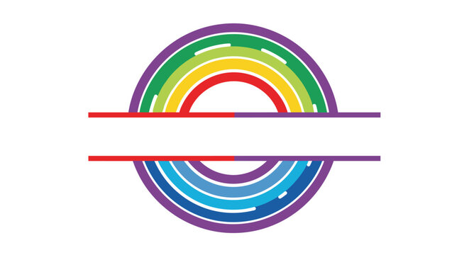 Graphic representation of a semicircle rainbow with segmented colorful arcs and a white space in the middle for custom text or logo design.