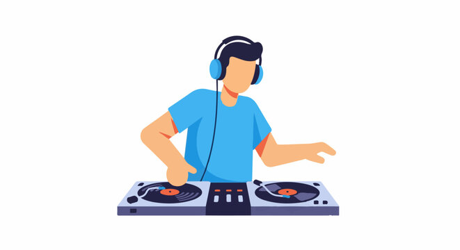 A person with headphones operates a dj setup with turntables