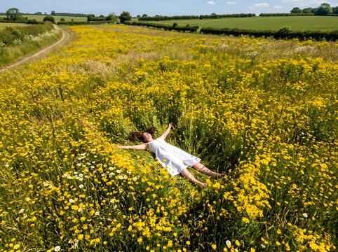 Perspectiva a&eacute;rea de una mujer feliz descansando en un campo de flores amarillas, representando salud mental, paz y bienestar.