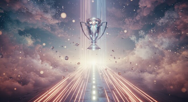 Trof&eacute;u brilhante em um caminho atrav&eacute;s das nuvens, simbolizando sucesso e conquista.
