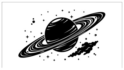 Black and White Vector Illustration of Saturn Planet with Rings Stars and Cosmic Cloud Isolated on Transparent Background © MDALAMGIR