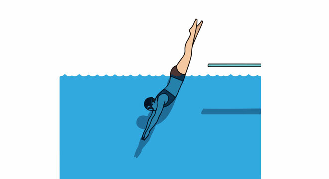 A person dives into a blue swimming pool from a springboard