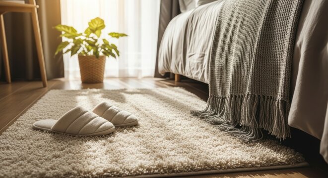Quarto aconchegante com cama iluminada pela luz do sol, tapete e chinelos em cena diurna.
