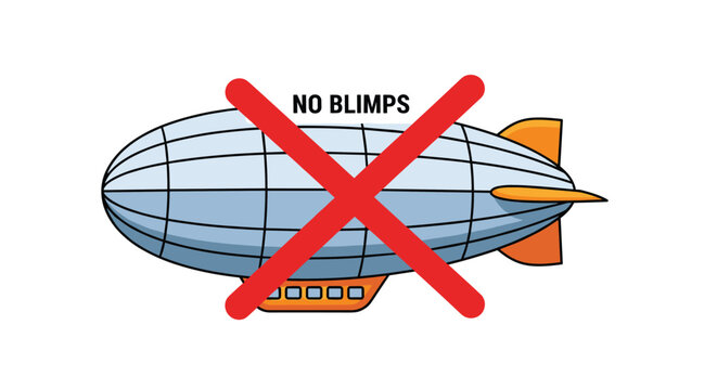 Illustration of a large silver blimp with a red prohibited sign and text saying no blimps allowed in this specific zone.
