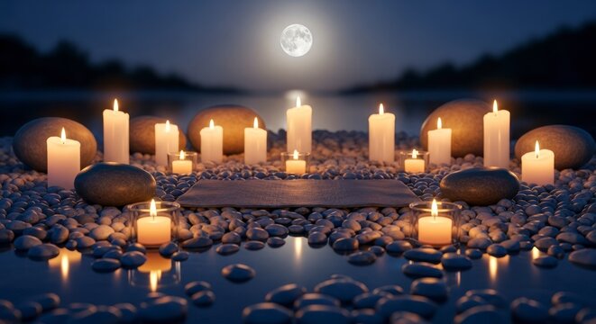 Cena noturna com velas refletidas na &aacute;gua sob a luz da lua cheia.
