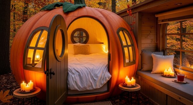 Interior encantador de uma casa de ab&oacute;bora com janelas decoradas com velas e ilumina&ccedil;&atilde;o aconchegante.