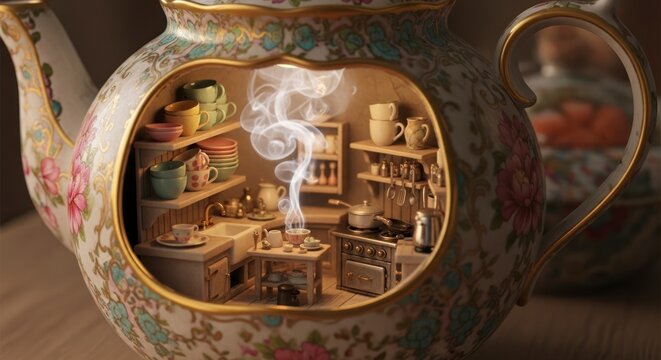 Conceito de criatividade para design de interiores de cozinhas com bules de ch&aacute; intrincados
