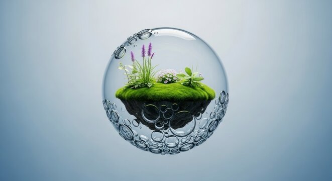 Ecossistema em miniatura dentro de um globo de &aacute;gua, natureza, meio ambiente e conceitos ecol&oacute;gicos.