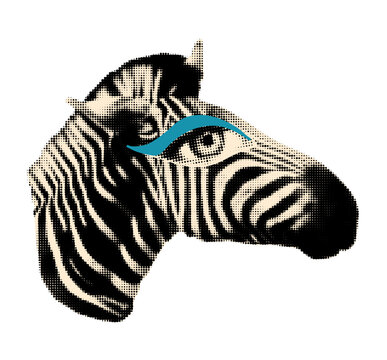 Halftone zebra head with bold blue eye makeup, surreal creative animal portrait vintage dotted sticker. Modern retro vector illustration for collage and scrapbook isolated on transparent background