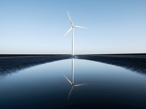 Parque e&oacute;lico para un futuro verde: molino de viento masivo de pie con su reflejo en el suelo, destacando la conservaci&oacute;n ambiental, objetivos corporativos ESG y la neutralidad de carbono. 