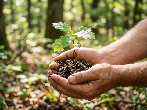 Primer plano de manos sucias de agricultor sosteniendo delicadamente un peque&ntilde;o reto&ntilde;o de roble verde en tierra oscura, representando la conservaci&oacute;n ambiental, agricultura sostenible y nueva vida.