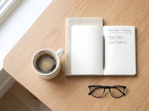 Vista superior flat lay de un espacio de trabajo minimalista de madera con cuaderno en blanco, taza de caf&eacute; y gafas, perfecto para planificaci&oacute;n empresarial y espacio para texto.
