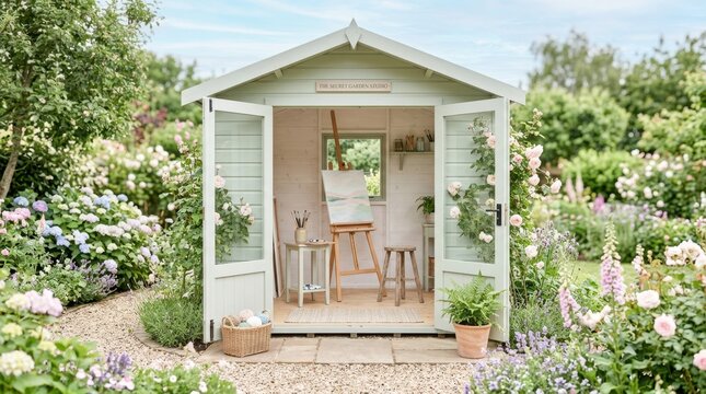 Charming garden studio filled with art supplies and surrounded by blooming flowers
