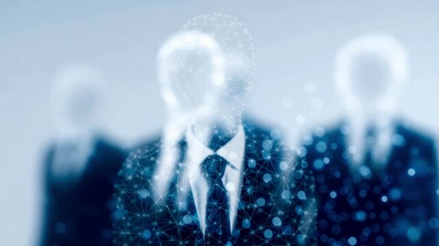 Conceptual animation of a digital avatar representing a businessman within a global network, symbolizing leadership, artificial intelligence, and corporate team integration in the modern workplace