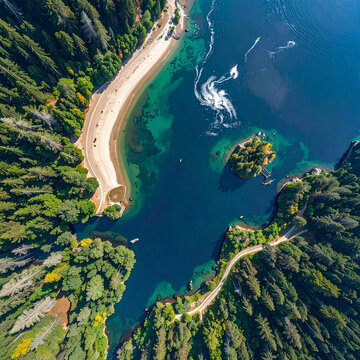 Aerial view of tranquil bay with island and forest