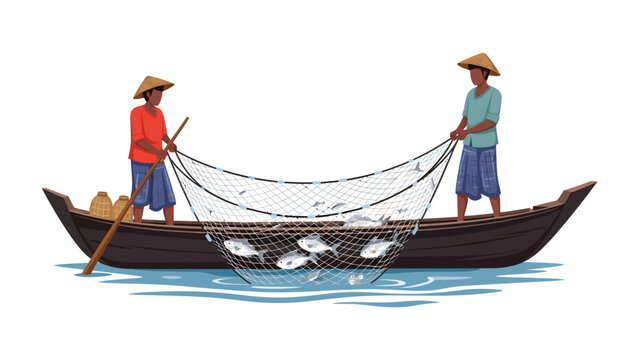 Fishermen Hauling in Catch: Two fishermen in a boat skillfully use a net to catch fish, depicting a traditional method of livelihood and sustenance.