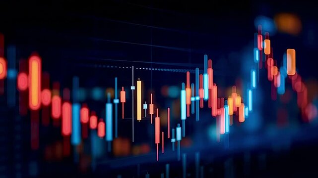 Dynamic financial candlestick chart showing stock market price fluctuations and data analysis for investment, trading, and business concepts on a digital display with a shallow depth of field