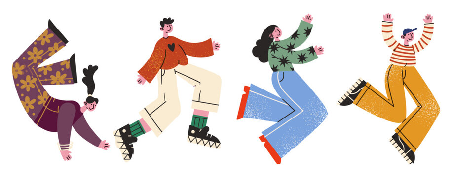 People enjoying roller skating and dancing vector illustration with outdoor recreation activity recreation movement lifestyle illustration abstract character outdoors together clothing
