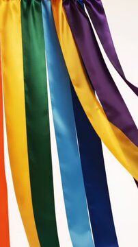 Seven silk pride rainbow ribbons &mdash; red orange yellow green blue indigo violet &mdash; hanging and drifting gently in breeze, glossy silk light catch, white background, static camera loop, Pride Month celebr