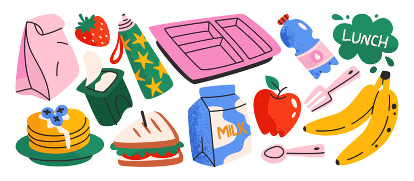 Assortment of lunch items including fruit sandwiches pancakes a lunchbox with water bottle hand drawn sandwich pancakes strawberry lunchbox breakfast container appetizing delicious colorful