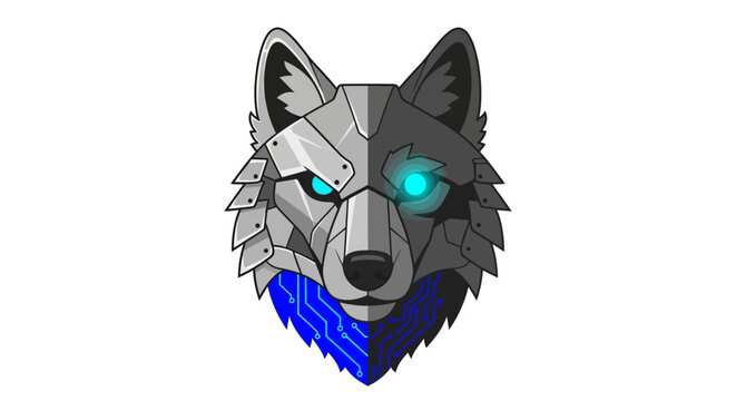 Futuristic geometric wolf head with glowing blue eyes.