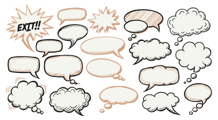 Fototapeta premium Hand drawn sketch style speech bubbles and thought clouds in earthy tones isolated on white background vector set