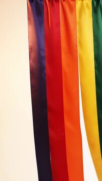Seven silk pride rainbow ribbons &mdash; red orange yellow green blue indigo violet &mdash; hanging and drifting gently in breeze, glossy silk light catch, white background, static camera loop, Pride Month celebr