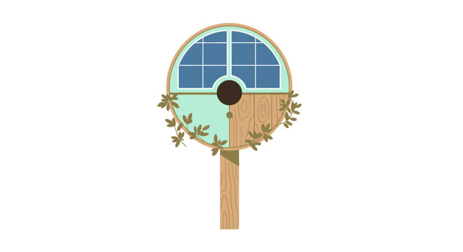 Whimsical birdhouse with arched window and foliage details.