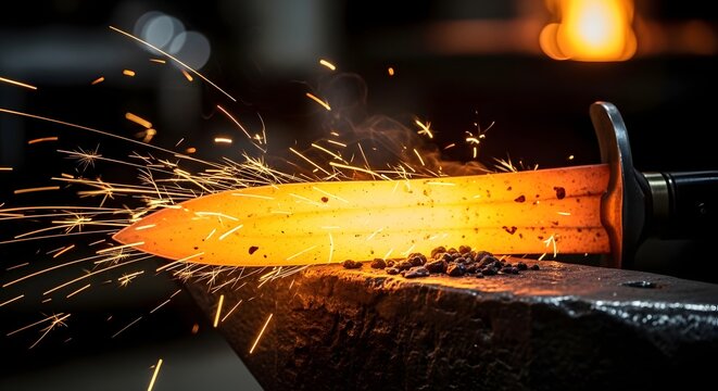 Glowing hot steel blade on blacksmith anvil. Metalwork craft and industrial forging. Sharpened sword emitting sparks during traditional forging process