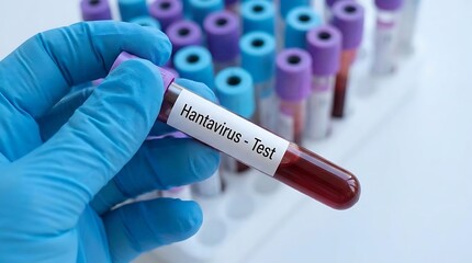Naklejka premium Hantavirus Blood Test Sample Tube Held By Scientist Inside Clinical Laboratory Environment