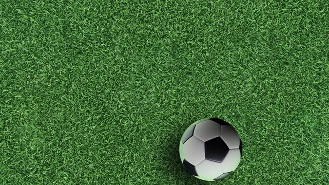 3D soccer ball bouncing on grass field animation top view seamless loop &mdash; sport football broadcast background 16:9