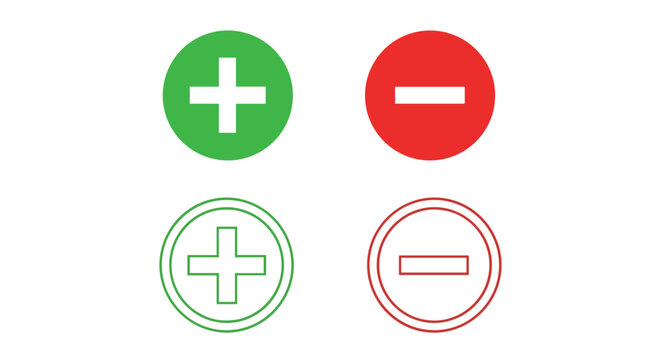 Plus and minus mathematical symbol set featuring solid and outlined icons in vibrant green and red circular backgrounds.